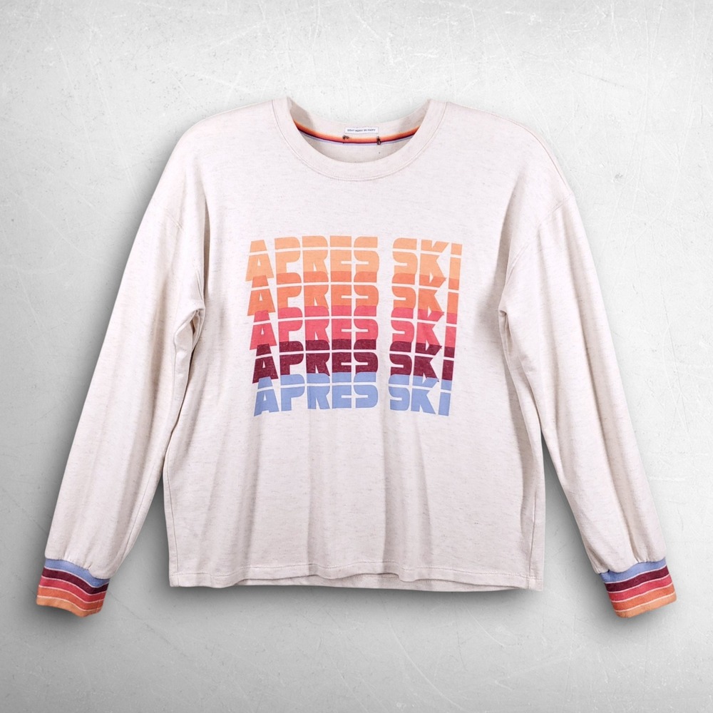 Don't Worry Ski Happy Après Ski Crewneck Sweater Women L Oatmeal Retro Winter